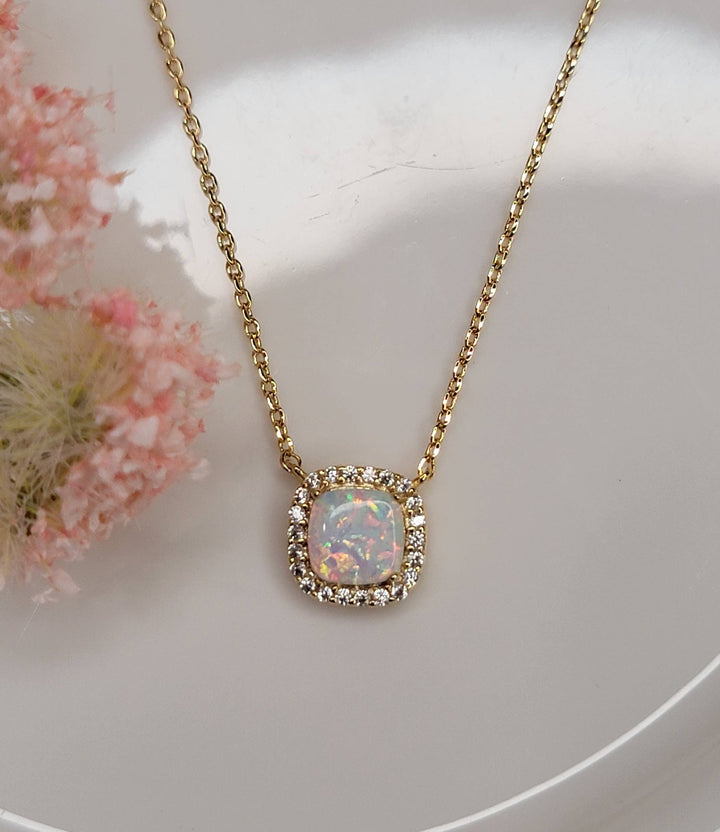 LAB GROWN OPAL STONE NECKLACE.: LIGHT BLUE/GOLD / Small - OR153