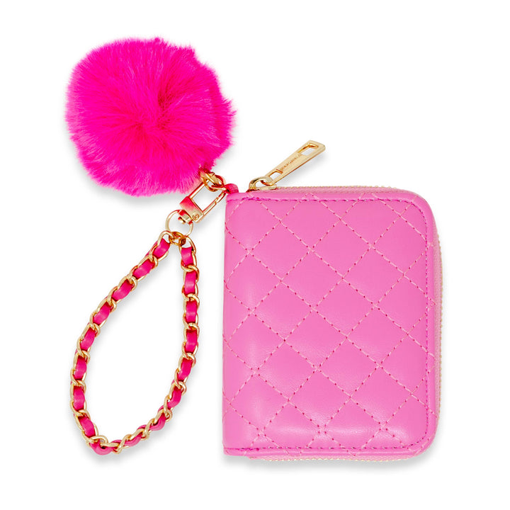 Quilted Chain Strap Wallet with Pom-Pom: Pink