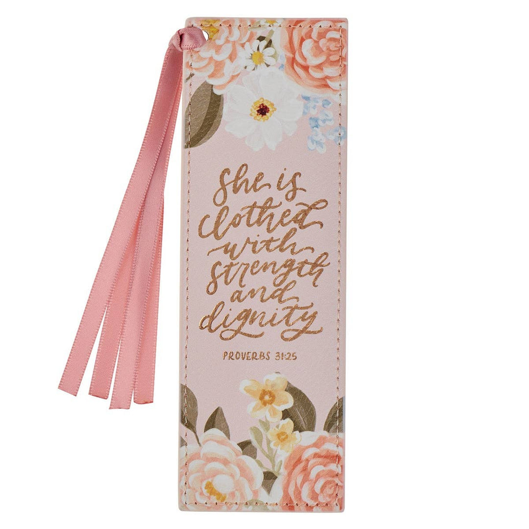 She Is Clothed With Strength and Dignity Faux Leather Bookmark - Proverbs 31:25