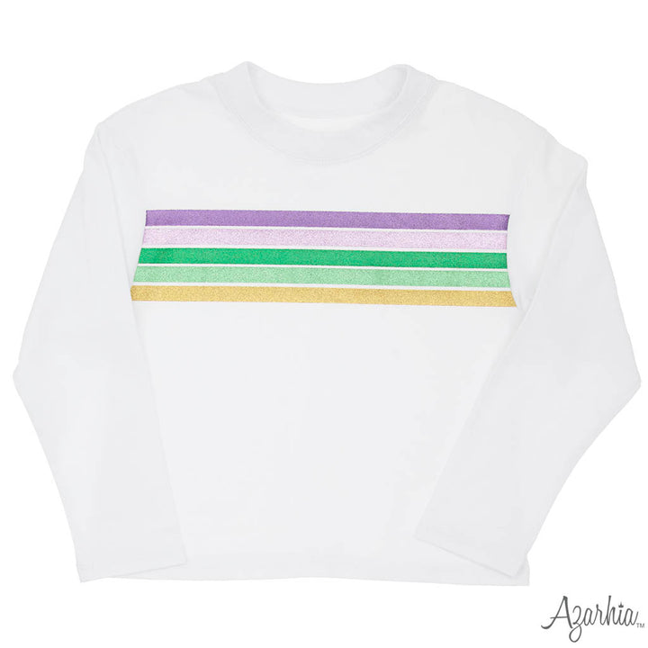Mardi Gras Lines Glitter White Long Sleeve Shirt