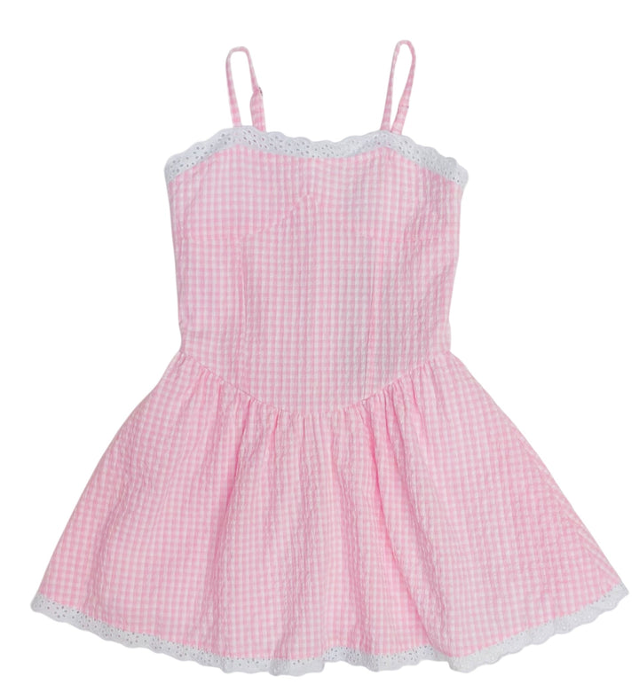 White & Pink Gingham Eyelet Trimmed Dress