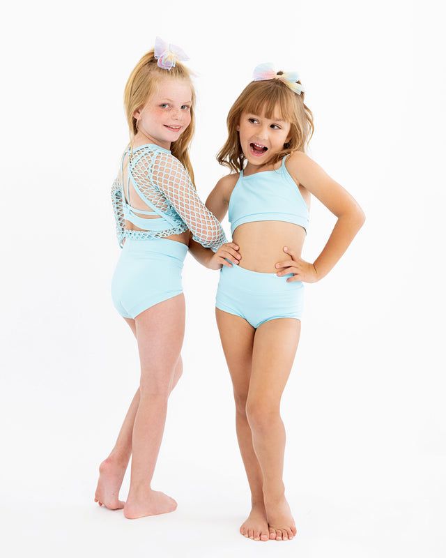 MEET ME AT DANCE EVIE’S STUDIO BLUE CROCHET THREE PIECE DANCE SET