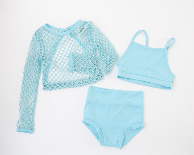 MEET ME AT DANCE EVIE’S STUDIO BLUE CROCHET THREE PIECE DANCE SET