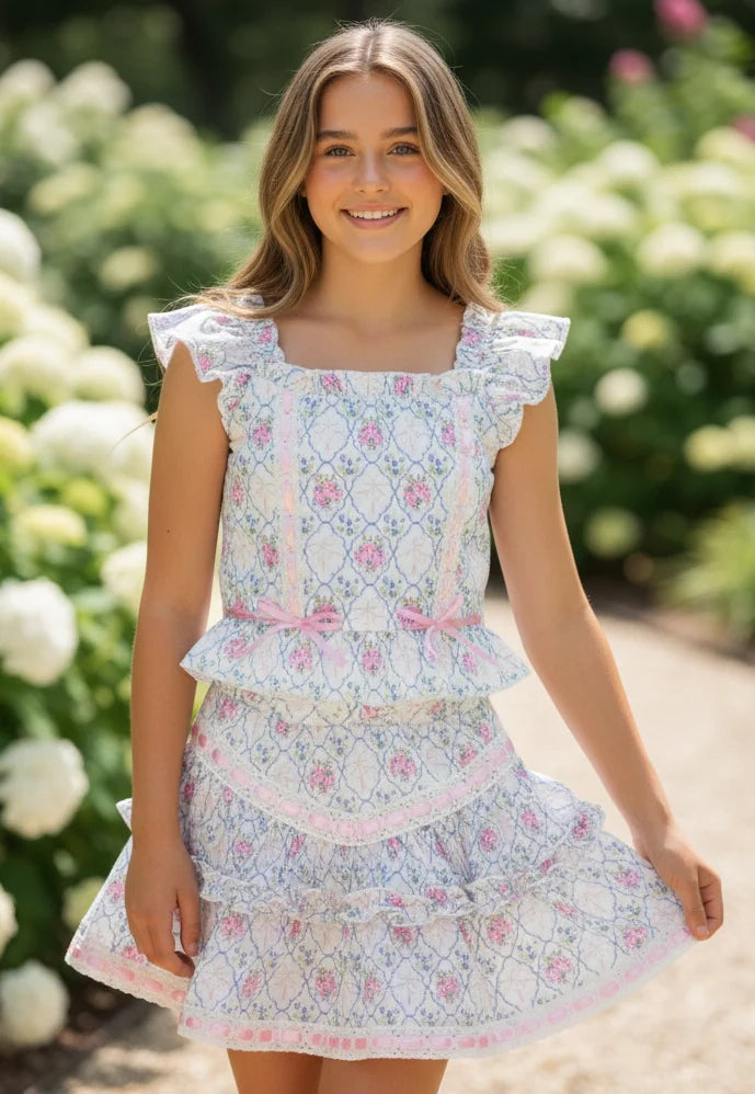Floral Bouquet Lace and Ribbon Trim Top