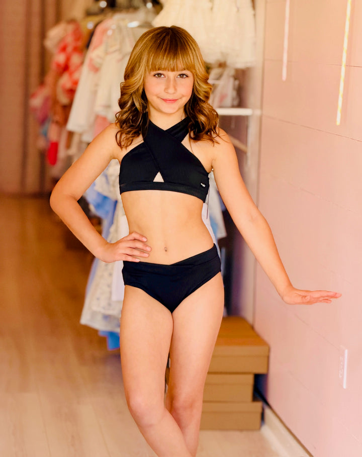 2PC Black Front Crossed Swimsuit