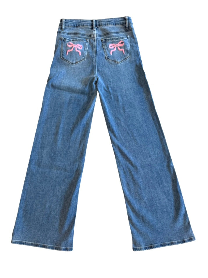 Back Pocket Bow Embroidery Wide Leg Jean