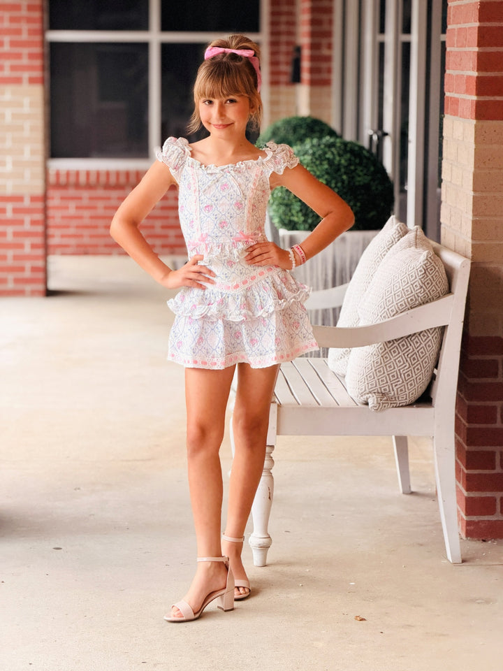 Floral Bouquet Lace and Ribbon Trim Top