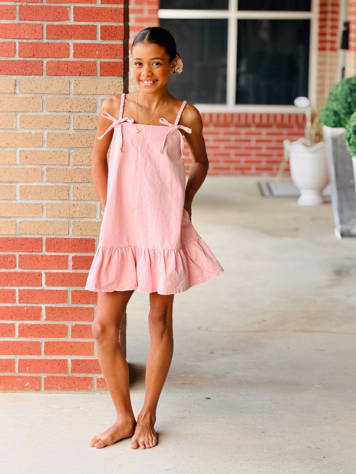 Washed Pink Braid with Bow Detail Denim Mini Dress