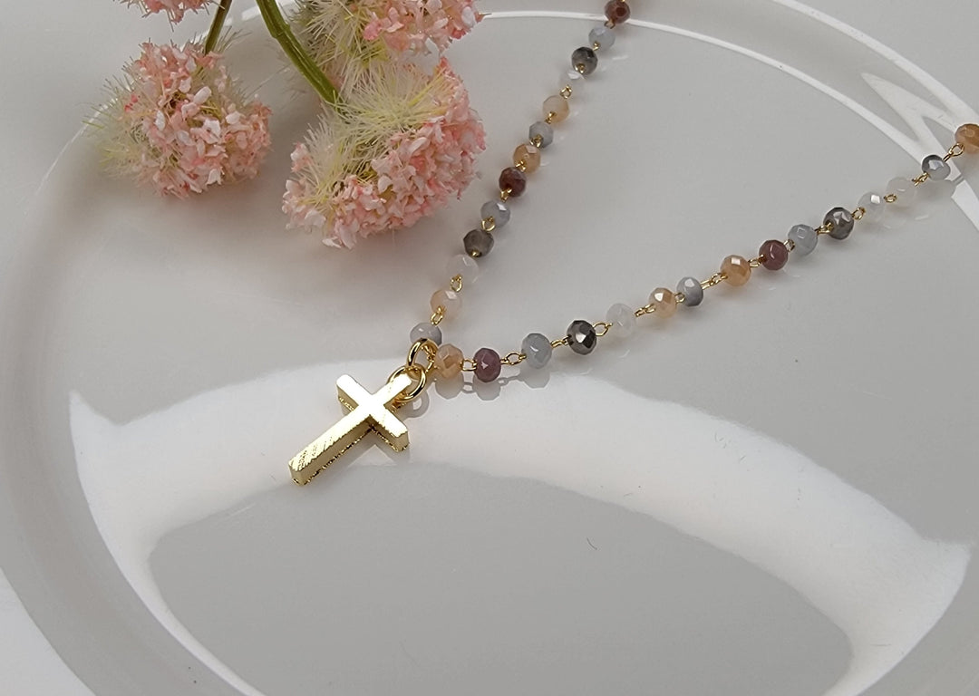 Gold Cross Multi Colored Beaded Necklace