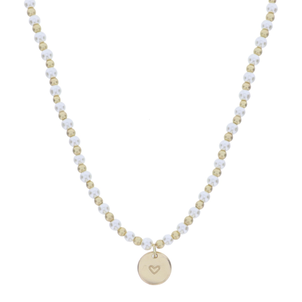 Gold Ball and Pearl Beaded Heart Stamped Necklace