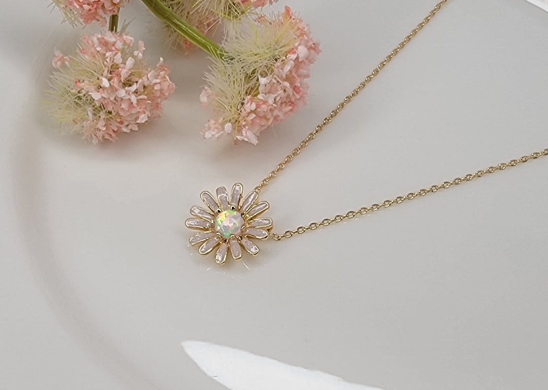 Daisy Flower with Opal Stone Accent Necklace