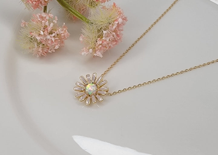 Daisy Flower with Opal Stone Accent Necklace