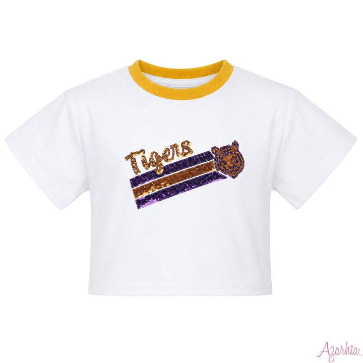 Sequin Tiger Face Stripes White Tee