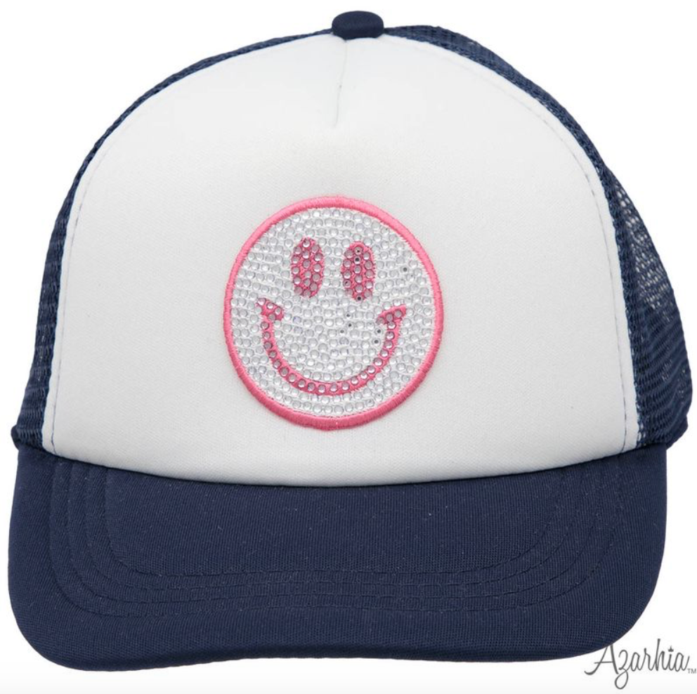 Hot Pink Smiley in Rhinestone on Solid Navy Trucker Hat