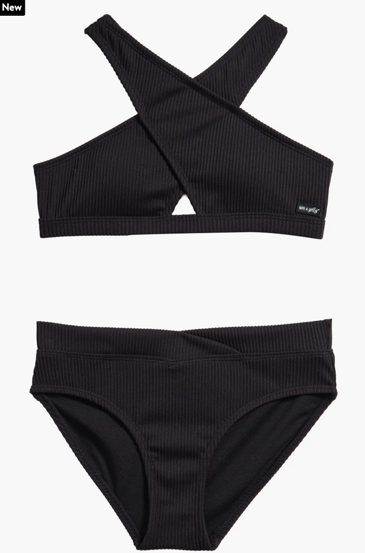 2PC Black Front Crossed Swimsuit