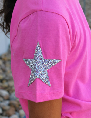 Tee with rhinestone star appliques on sleeve