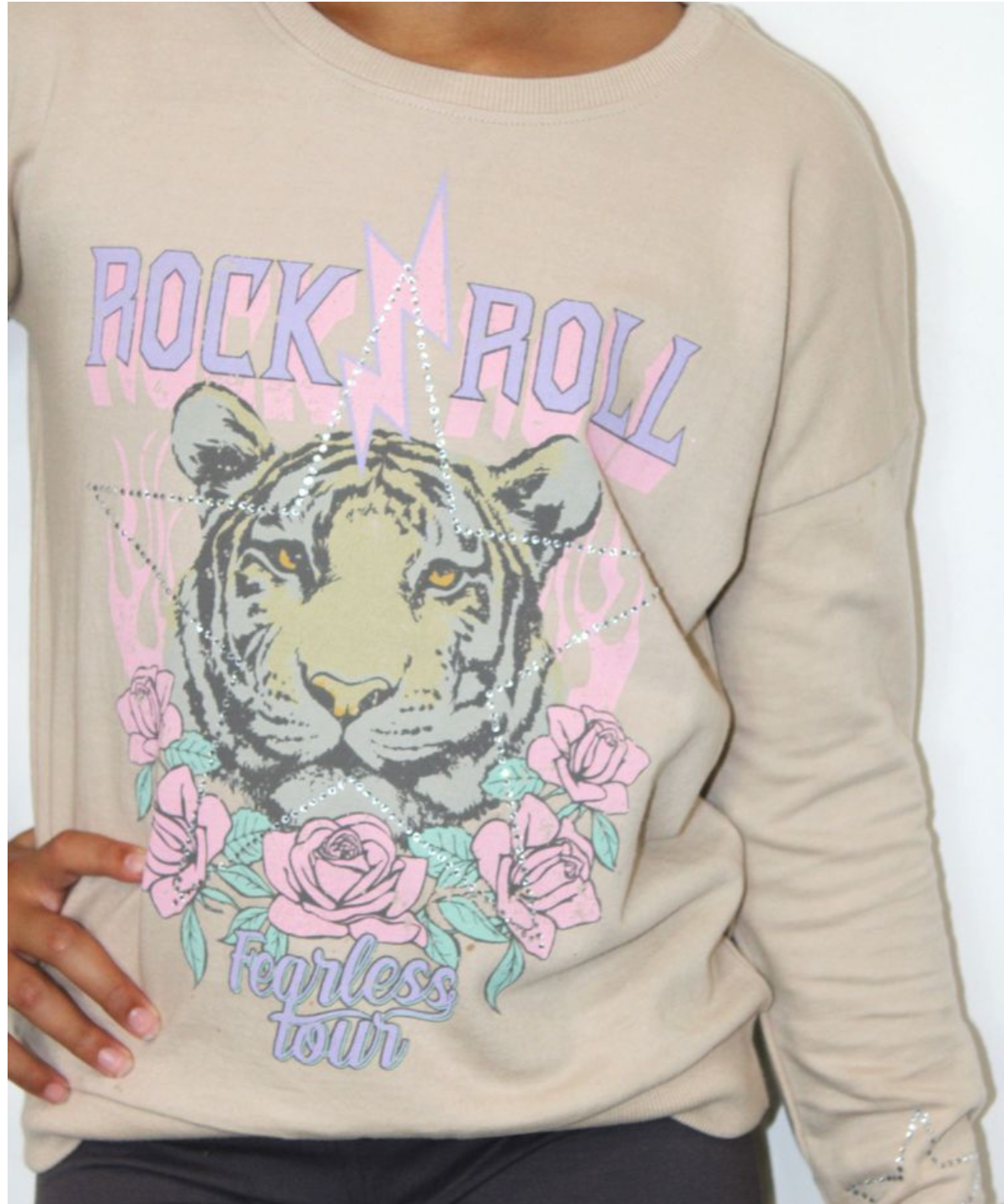 Rock and Roll tiger rhinestone graphic sweatshirt