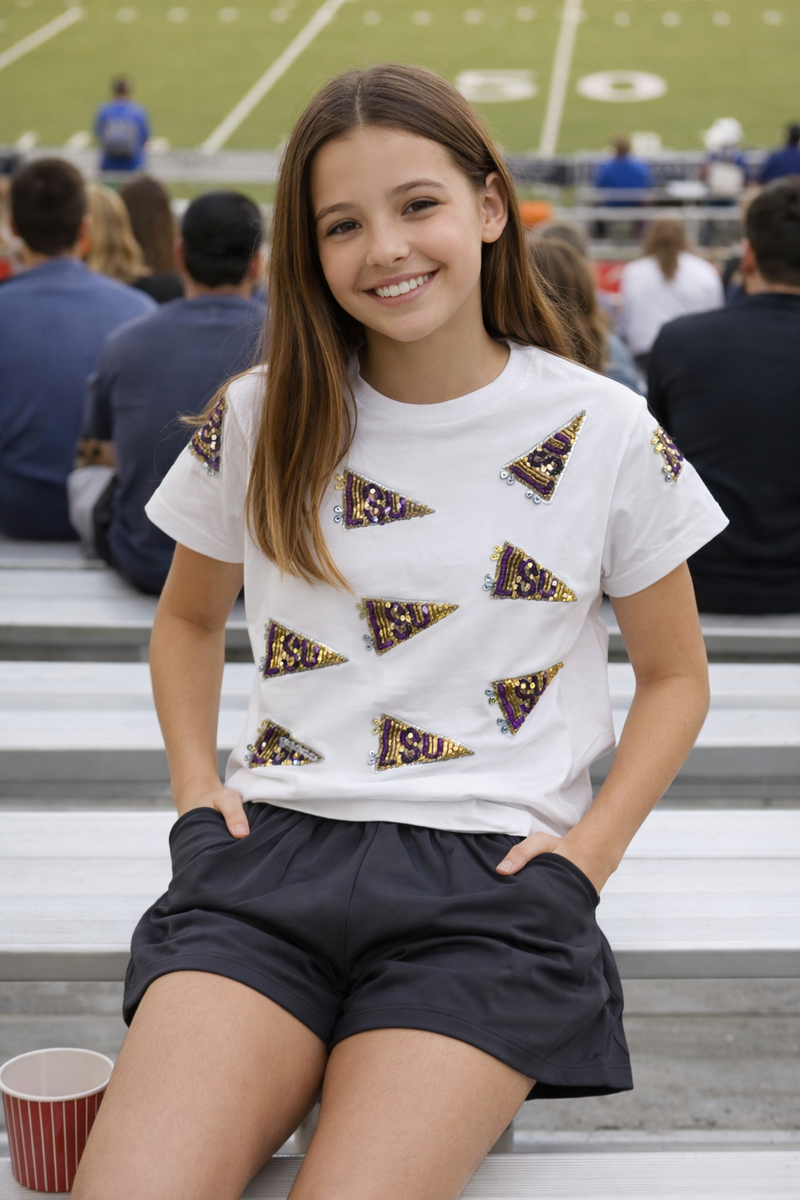 SEQUIN LSU FLAGS ON JERSEY SHORT SLEEVE TEE