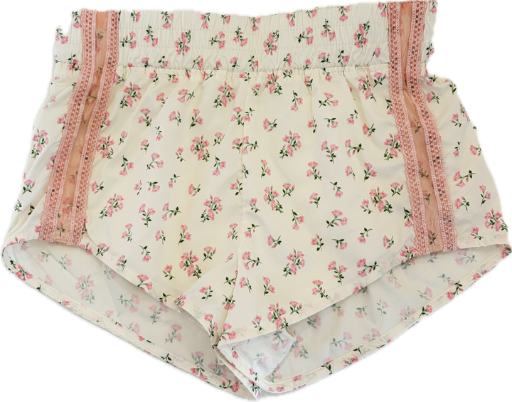 Pink Floral Print Lace Detail Sporty Shorts