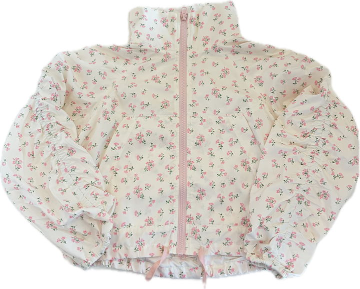 Pink Floral Print Mesh Lace Trim Windbreaker