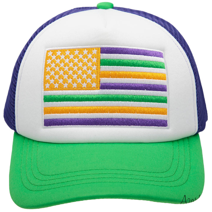 Mardi Gras Embroidered American Flag Green Purple Trucker
