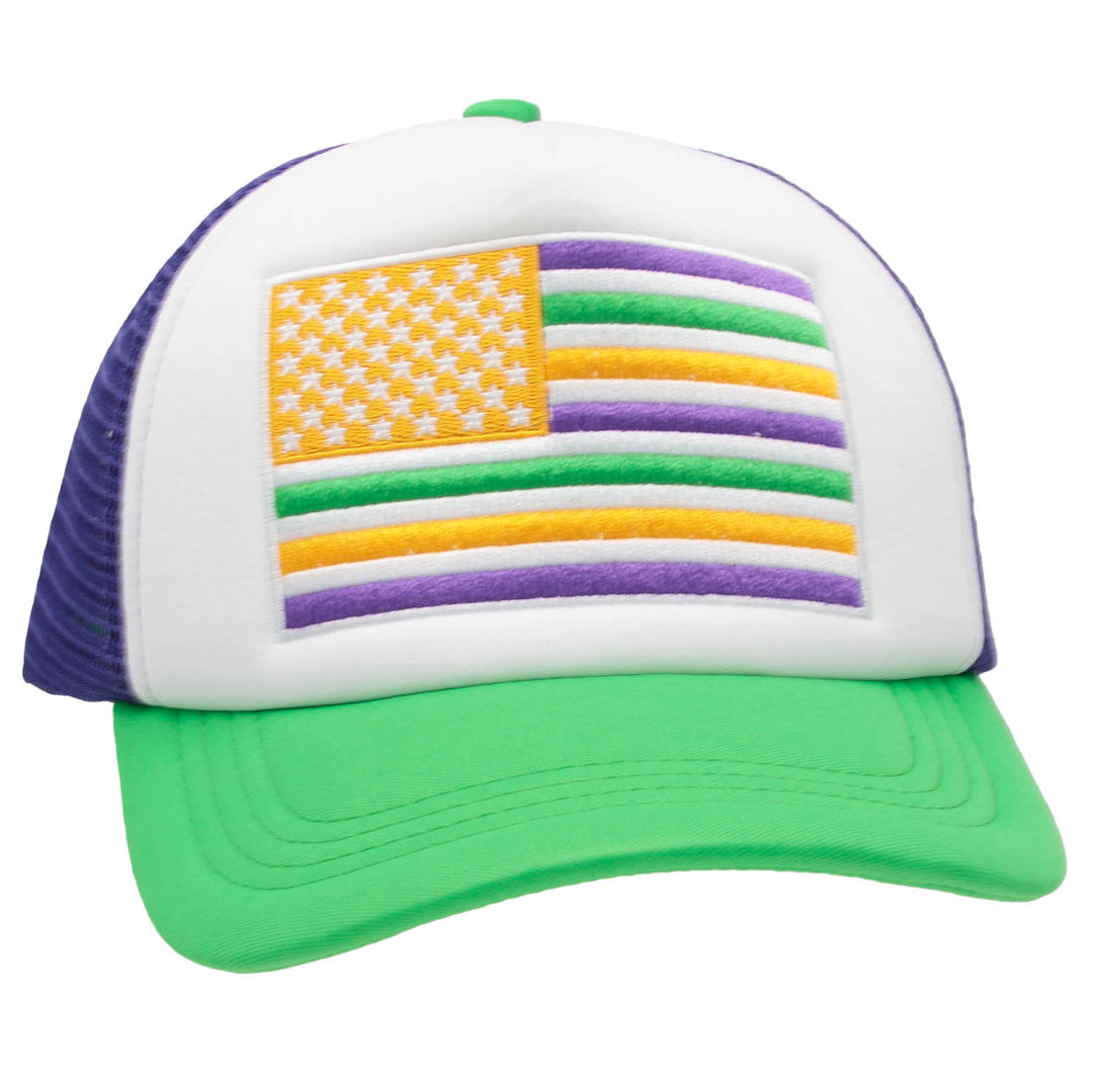 Mardi Gras Embroidered American Flag Green Purple Trucker