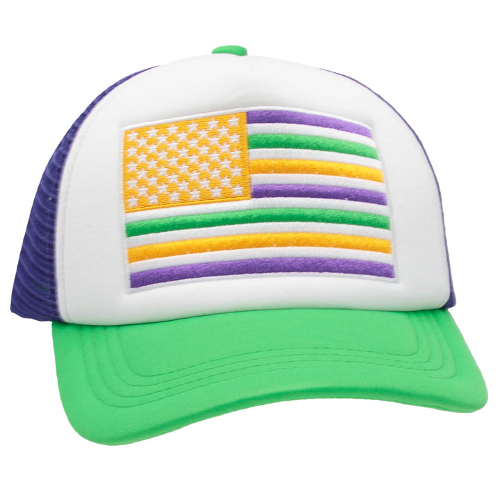 Mardi Gras Embroidered American Flag Green Purple Trucker