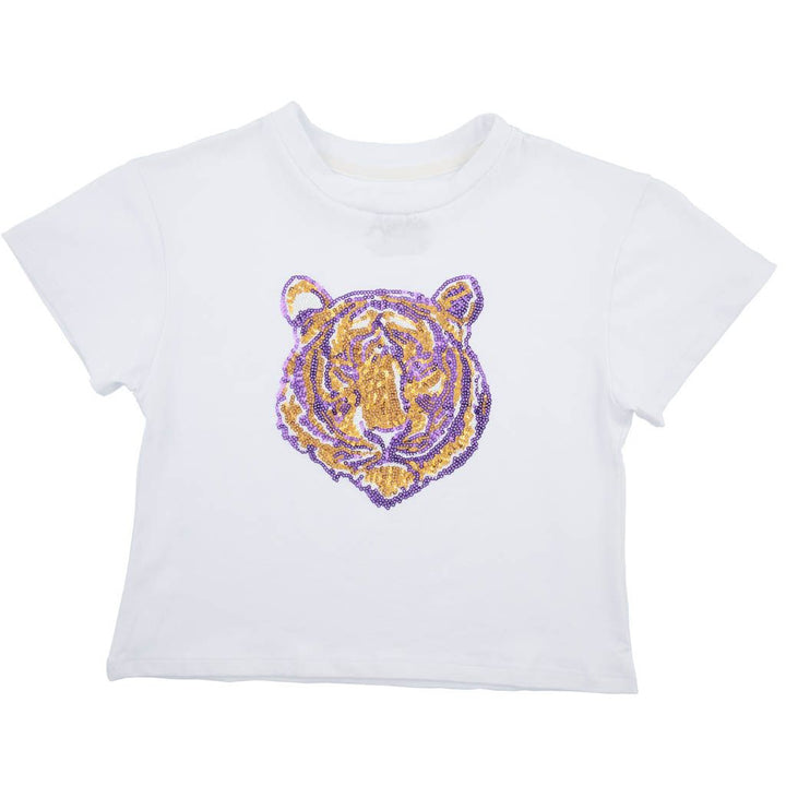 Sequin Tiger Face Stripes White Tee