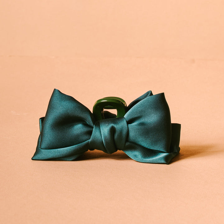 Mini Satin Bow Claw Clip- Green