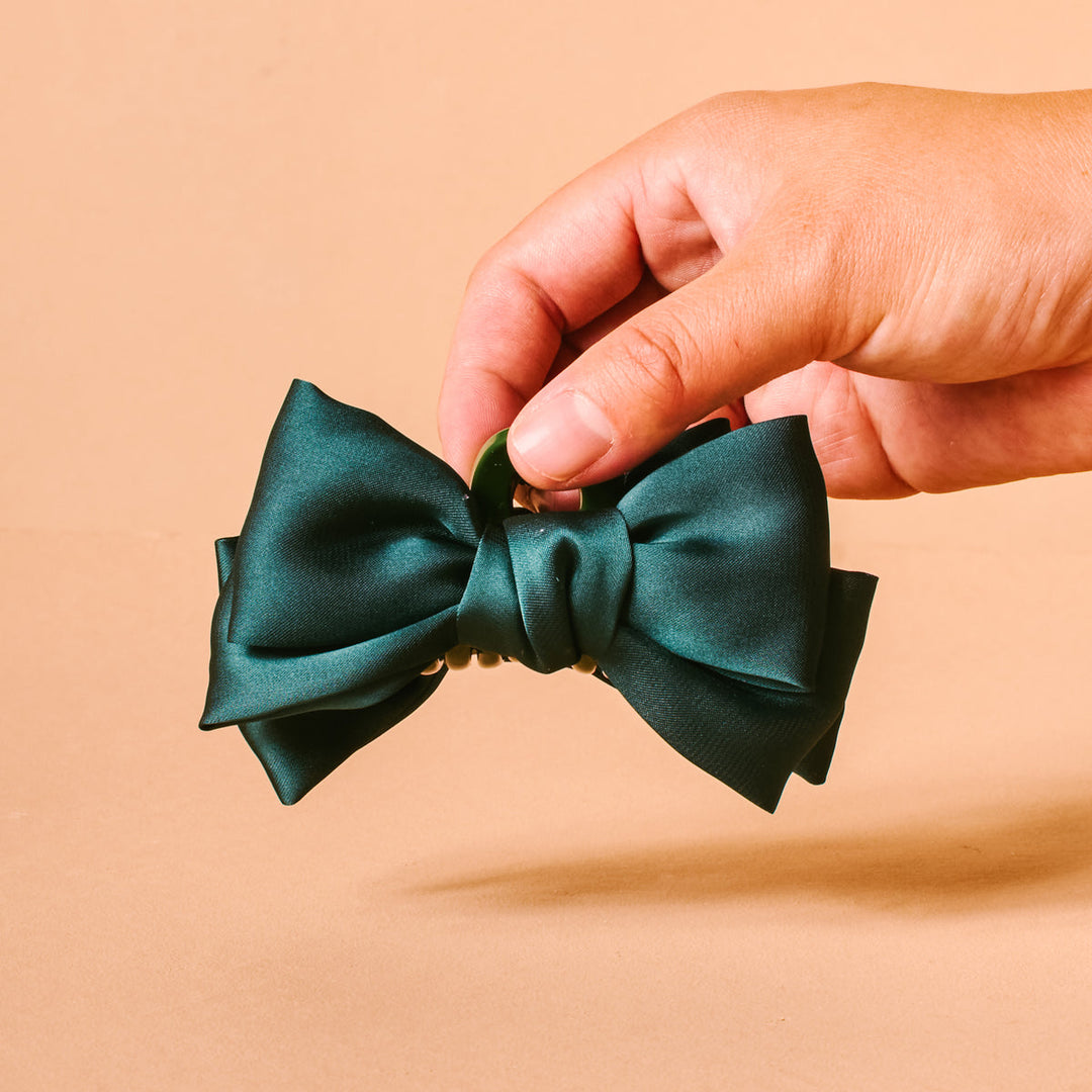 Mini Satin Bow Claw Clip- Green
