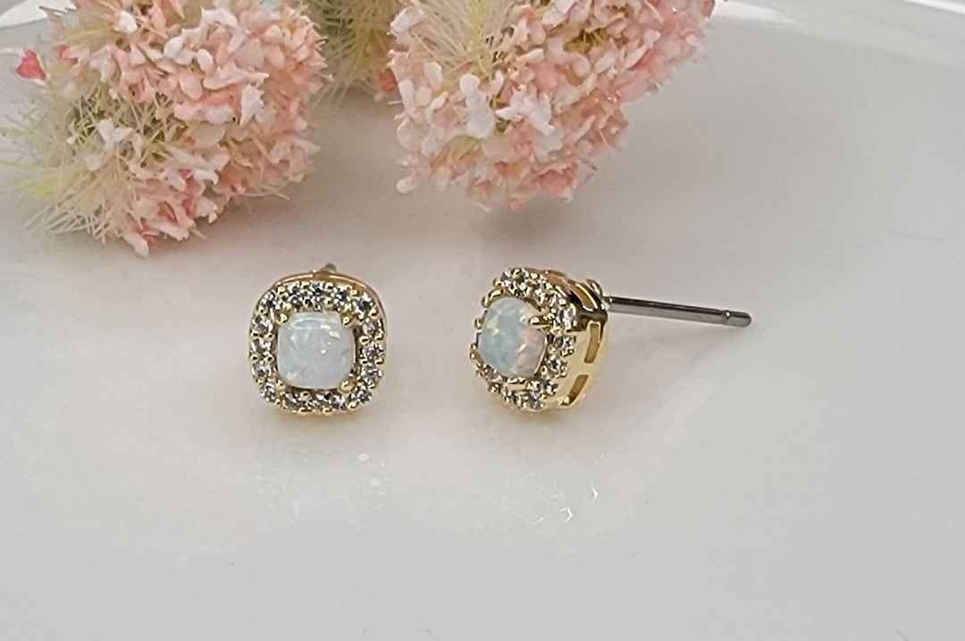 LAB GROWN OPAL STUD EARRINGS.: LIGHT BLUE OPAL/GOLD / Small - OR140