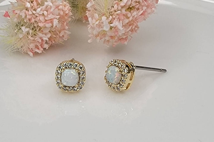 LAB GROWN OPAL STUD EARRINGS.: LIGHT BLUE OPAL/GOLD / Small - OR140