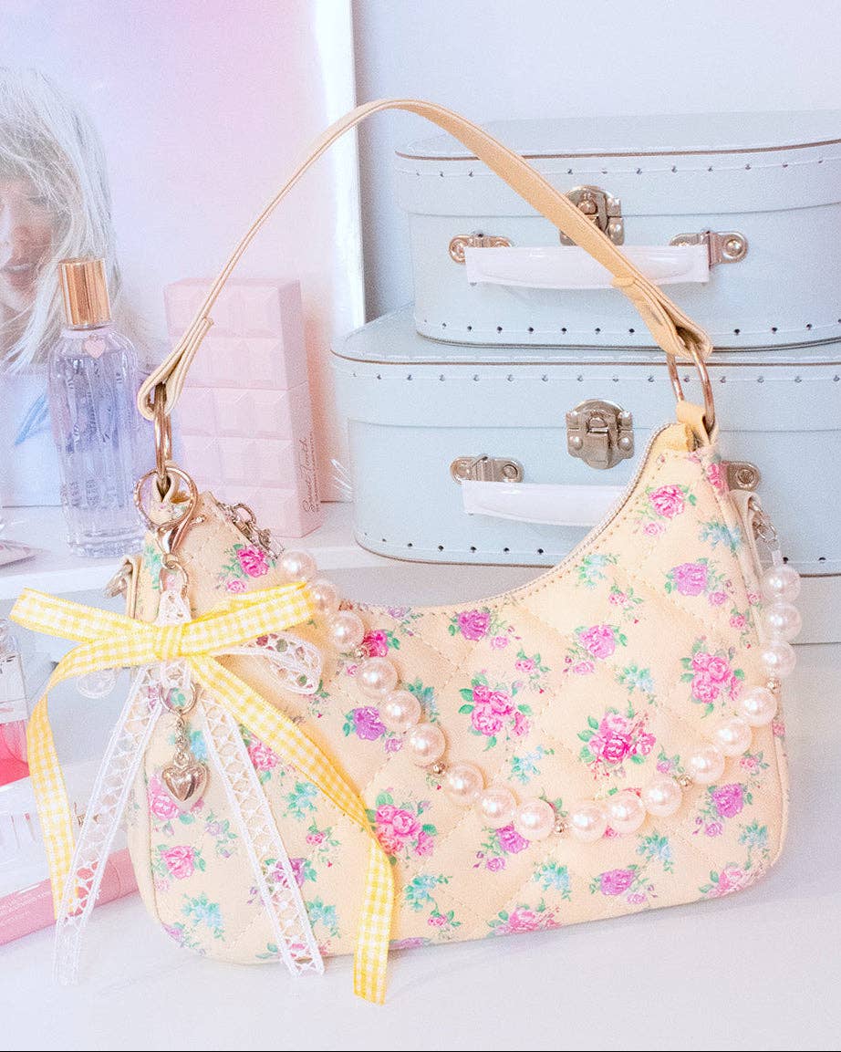 Floral Printed Mini Top Handle Hobo Crossbody with Pearl Chain