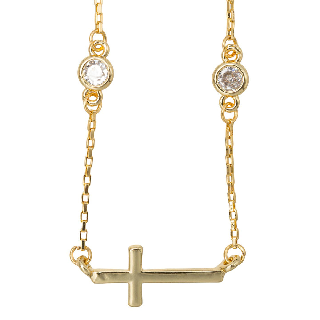 Kids 18K Gold Plated Long Box Chain Necklace with Gold Sideways Cross and Crystal Accents