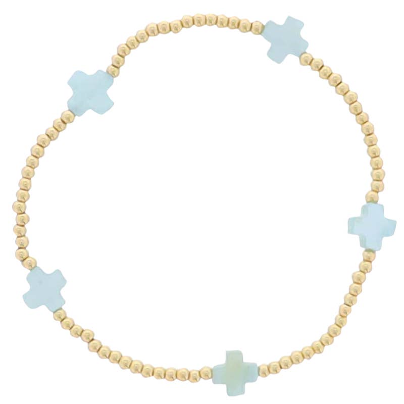 18K Gold Plated Gold Beaded Stretch Bracelet with Blue Square Cross
