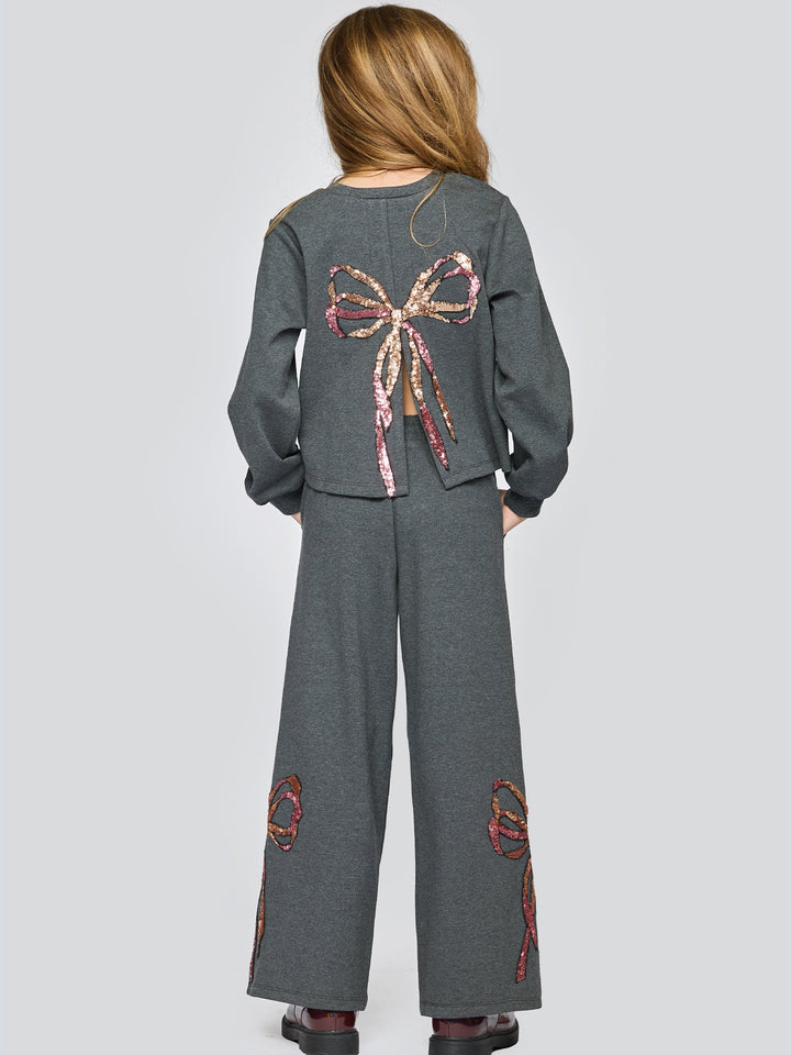 Sequin Bow Sweatshirt With Back Slit