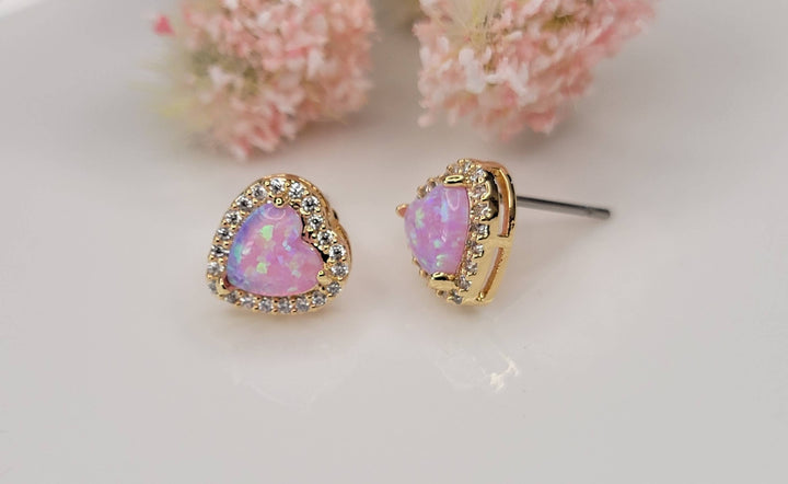 HEART SHAPE SEMI PRECIOUS STONE POST EARRINGS.: PINK OPAL - OR183