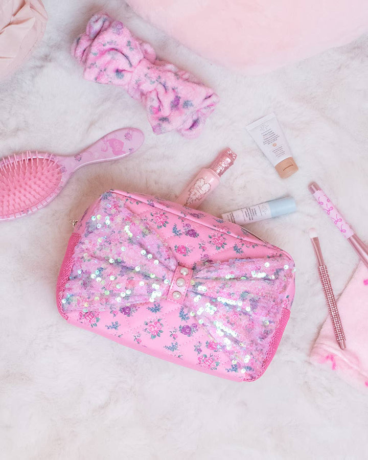 Sequin Bow Front Floral Printed Pouch