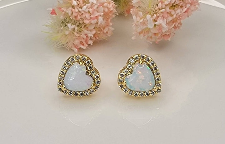 HEART SHAPE SEMI PRECIOUS STONE POST EARRINGS.: PINK OPAL - OR183