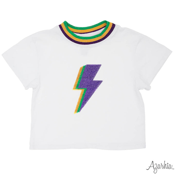 Mardi Gras Lightening Bolt Sequin On White Ringer Boxy
