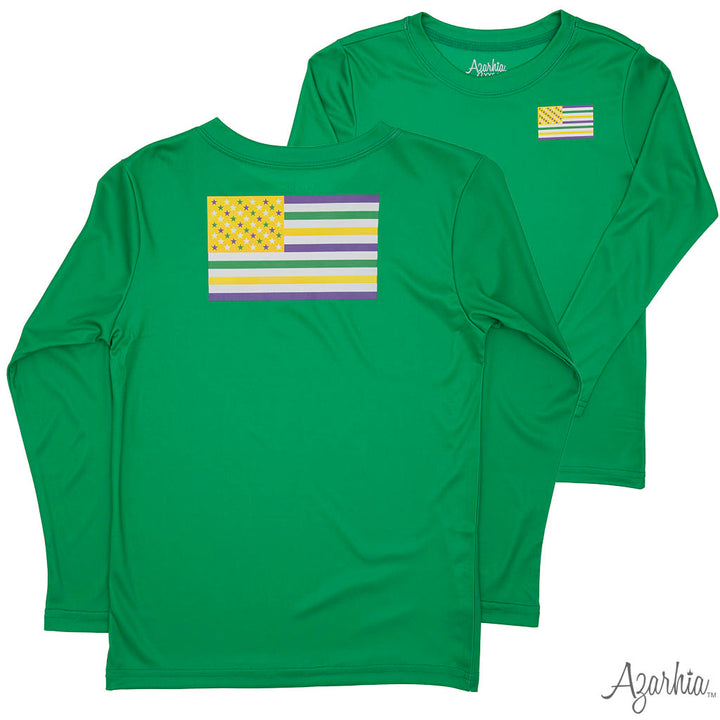 Mardi Gras American Flag Green LS Drifit