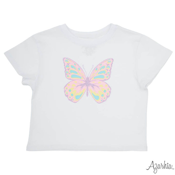 Pretty Butterfly Screen Print with Pink Glitter White Boxy Tee
