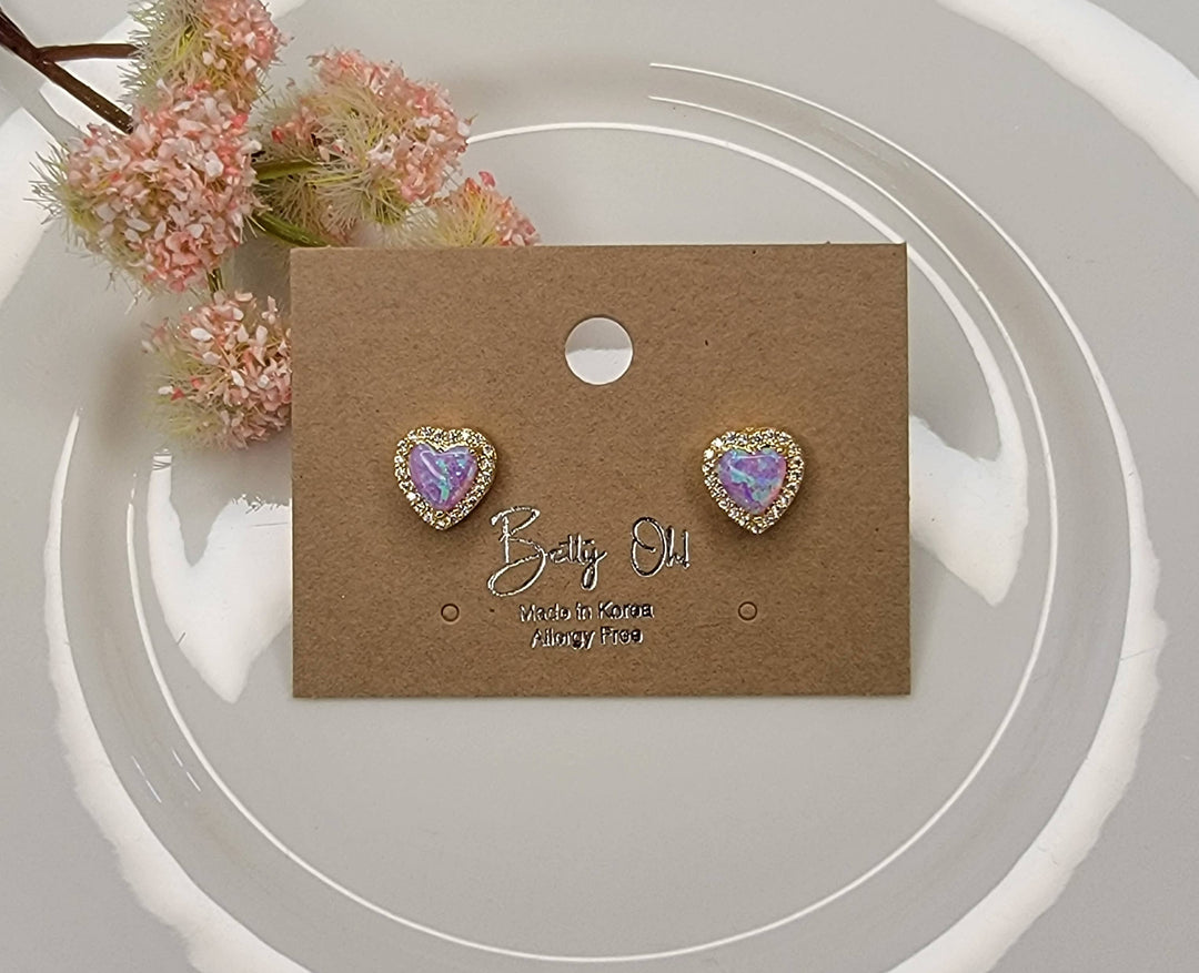HEART SHAPE SEMI PRECIOUS STONE POST EARRINGS.: PINK OPAL - OR183