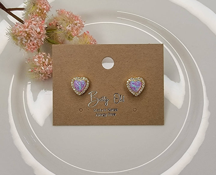 HEART SHAPE SEMI PRECIOUS STONE POST EARRINGS.: PINK OPAL - OR183