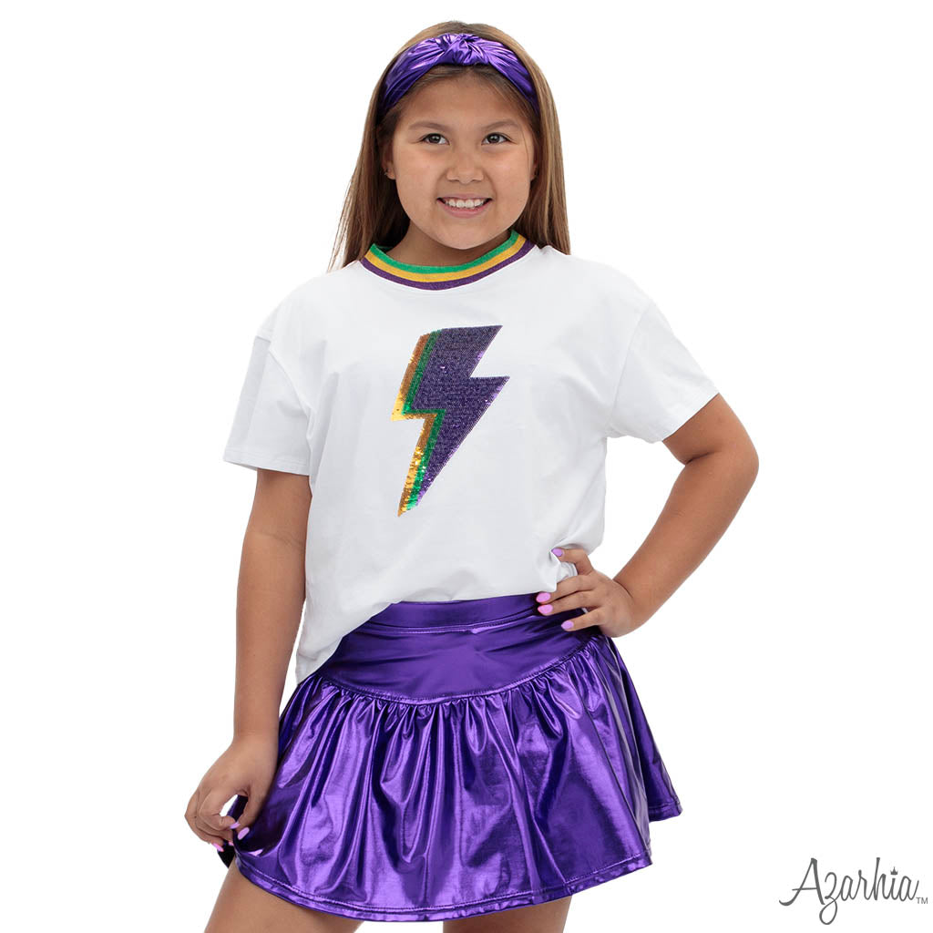 Mardi Gras Lightening Bolt Sequin On White Ringer Boxy