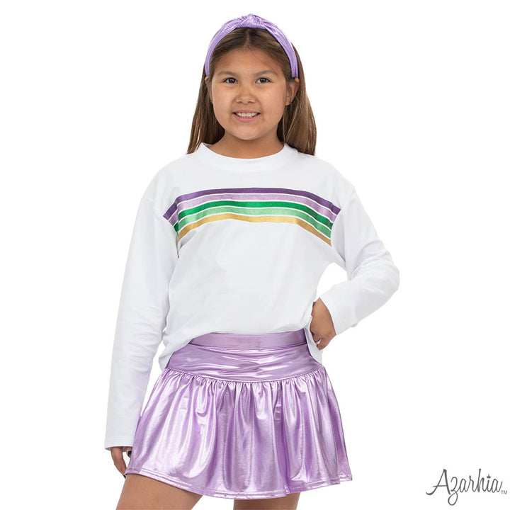 Mardi Gras Lines Glitter White Long Sleeve Shirt