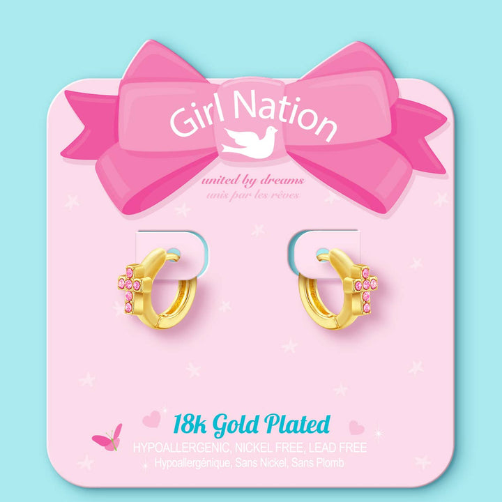 Pink Cross Earlets | 18K Gold Plated Girls Huggie Earrings