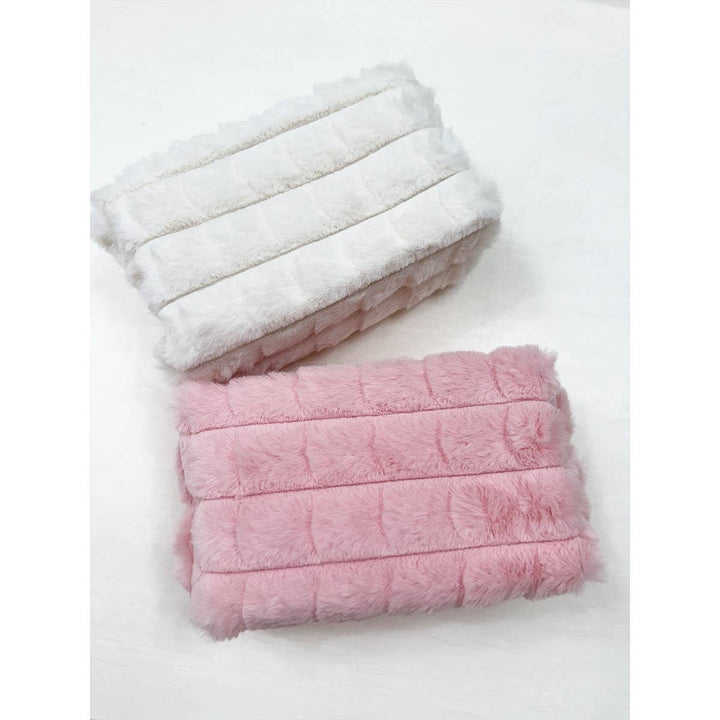 Pink Faux Fur Quilted Cosmetic Pouch