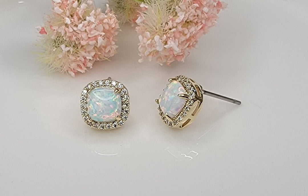 LAB GROWN OPAL STUD EARRINGS.: LIGHT BLUE OPAL/GOLD / Small - OR140