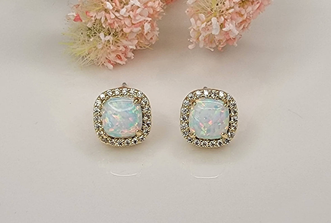 LAB GROWN OPAL STUD EARRINGS.: LIGHT BLUE OPAL/GOLD / Small - OR140